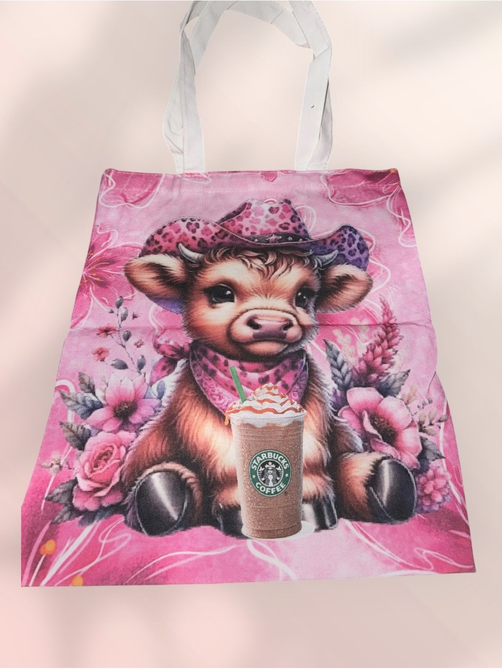 Pink Cowboy Highland Calf Canvas Tote Bag New